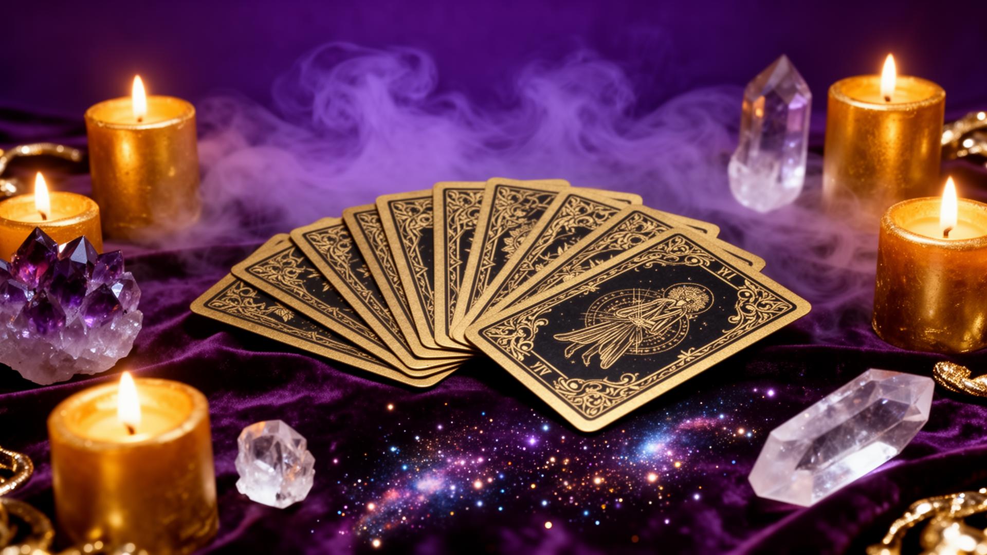 Premium mystical tarot composition with candles, crystals and golden cards